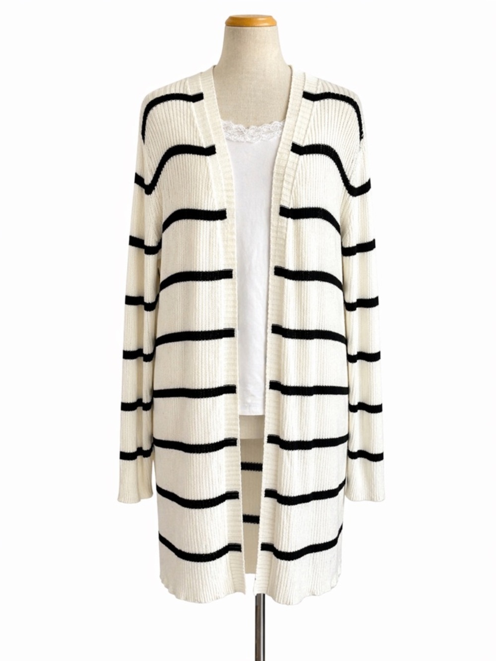 So Perla Black White Striped Open Front Cardigan Long Sleeve Knit Size L